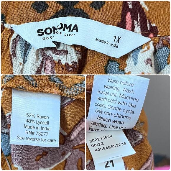 Sonoma Brown Print Square Neck Lyocell Rayon Blend Peasant Boho Blouse Size 1X - Picture 9 of 10